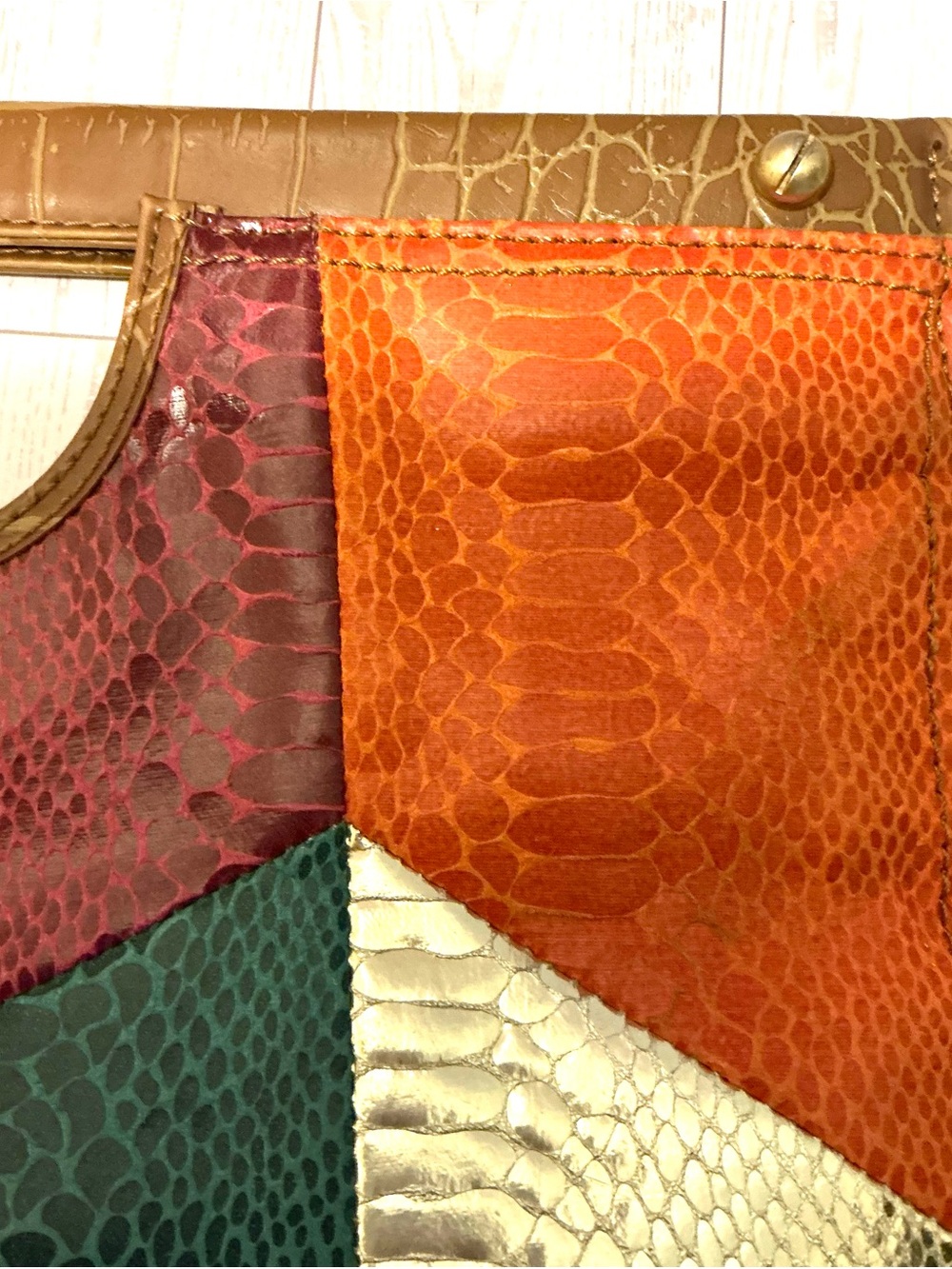 Nine West Multicolor Faux Snake Print Patchwork Clutch with Gold Accents - Picture 8 of 12